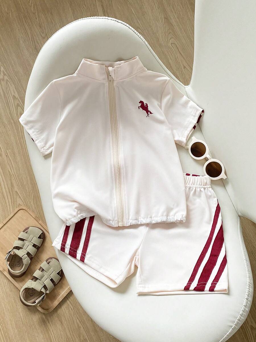 Playful Pals 2pcs/Set Young Boys Animal & Stripe Print Short Sleeve Stand Collar Tee + Elastic Waist Shorts Set, Casual Sports Outfit For Summer - Apricot - View 1