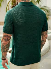 VENTUSAIL Men's Palm Tree Pattern Hollow Out Knit Short Sleeve Top, Holiday - Dark Green - View 2