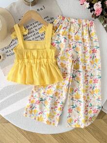 SHEIN 女童可爱夏季纯色吊带背心和碎花弹力腰裤套装 - 彩色 - 查看 4