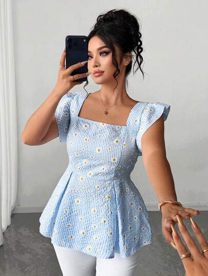 Elenzga Plus Size Sweet Light Blue Plaid Daisy Collar Ruffle Waist Blouse, Women Casual Summer Beach Holiday Top, Plus Size Plaid Summer Collar Ruffle Waist Ruffle Hem Blouse, Bridal Shower Beach Holiday Outfit