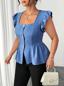 Elenzga Summer Fashionable Casual French Retro Elegant Vacation & Commute Square Collar Cap Sleeve Blouse - Blue - View 4