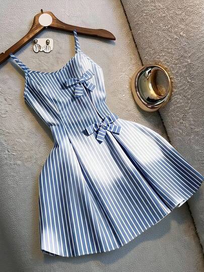 Franclia Vestido casual de línea A a rayas de alta gama con decoración de lazo, vestido de primavera/verano para mujer, adecuado para vacaciones, salidas, Y2K, primavera, verano, vuelta al colegio, casual, playa, negocios, versátil, vestido casual a rayas azul y blanco para mujer