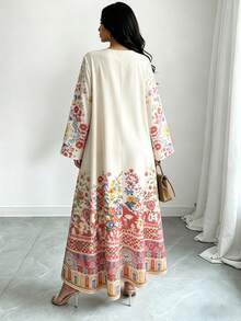 SHEIN Najma Đầm dài tay cổ chữ V in họa tiết hoa và trái tim đối xứng cổ điển màu mơ nhạt, thời trang nữ, trang phục phong cách Ả Rập thanh lịch, đầm maxi dài duyên dáng cho mùa xuân/hè. - Nhiều màu - Xem 2