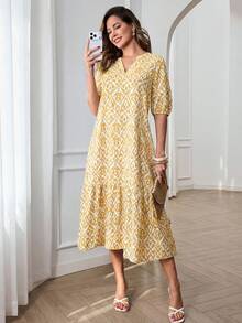 Miaspire Đầm nữ phong cách Bohemian, in họa tiết toàn thân, cổ chữ V, tay phồng, thích hợp cho kỳ nghỉ hè. - Màu vàng - Xem 5