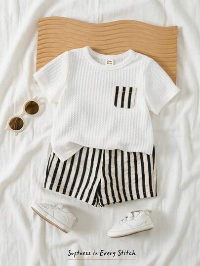 Cozy Pixies 2 Peças Conjunto de Camiseta de Manga Curta com Gola Redonda e Bolso Listrado e Shorts de Cintura Elástica para Menino Bebê
