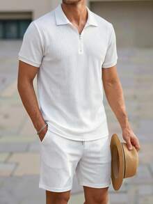 Manfinity Homme 男士纯色短袖 Polo 衫和短裤休闲套装 - 白色 - 查看 6