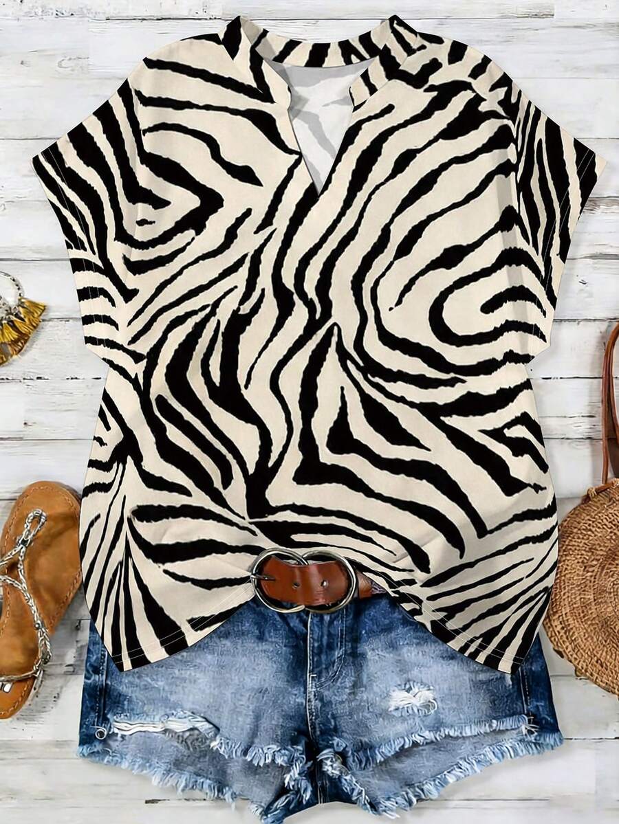 EMERY ROSE Zebra Print Patchwork Striped Pattern Short Sleeve V-Neck Plus Size Shirt Vacation Black Summer Sexy - Multicolor - View 1