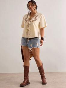 Freevana Plus Size Women Floral Embroidery Short Sleeve Tie Front Shirt - Apricot - View 3