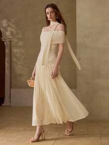 MOTF PREMIUM SUMMER FASHIONABLE ROMANTIC ELEGANT PATCHWORK WAVY TEXTURE FABRIC OFF-SHOULDER DRESS FOR WOMEN VACATION WHITE - Apricot - View 1