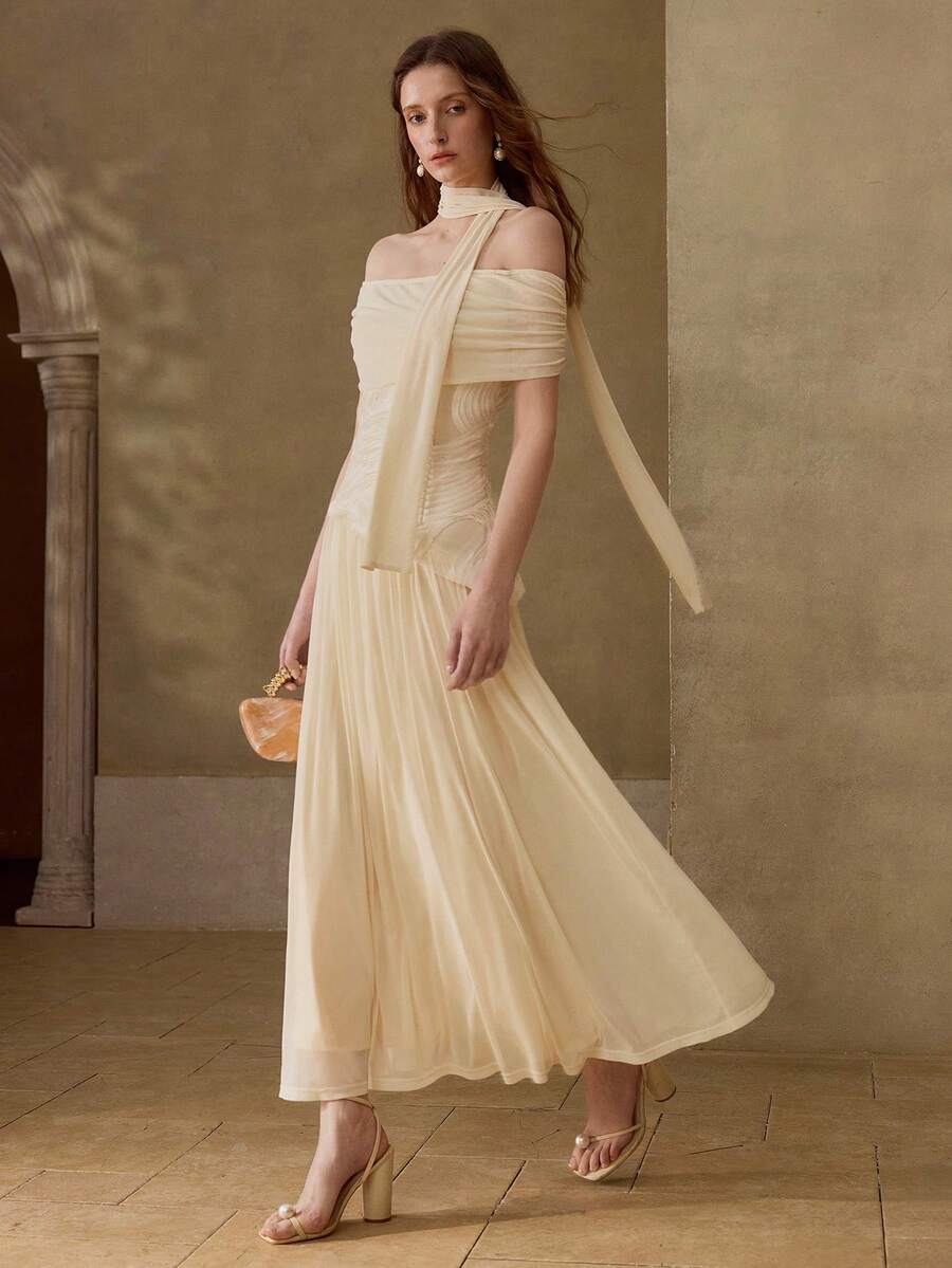MOTF PREMIUM SUMMER FASHIONABLE ROMANTIC ELEGANT PATCHWORK WAVY TEXTURE FABRIC OFF-SHOULDER DRESS FOR WOMEN VACATION WHITE - Apricot - View 1