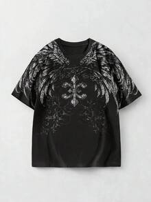 ROMWE MEN Street Life 青少年男孩夏季时尚街头休闲通勤鸢尾花标志翅膀印花宽松T恤 - 黑色 - 查看 5