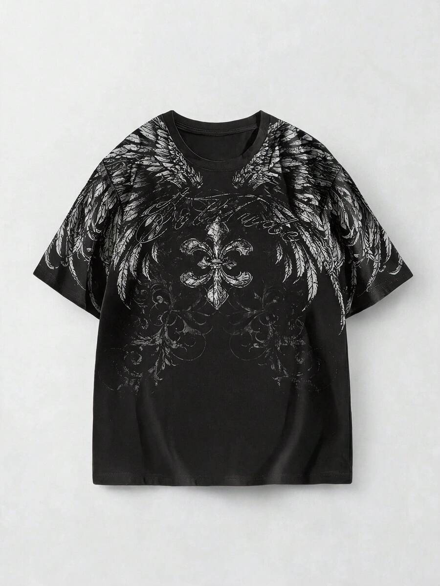 ROMWE MEN Street Life Camiseta holgada con estampado de alas y logo de iris para adolescentes, estilo casual y de calle para el verano - Negro - Ver 1
