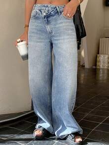 DAZY Quần jeans nữ cạp thấp, ống thẳng, có túi - Rửa nhẹ - Xem 6