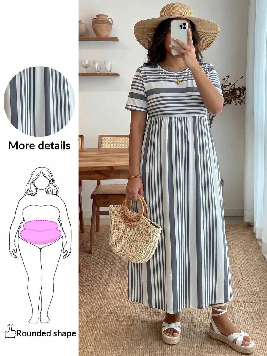 Enliva Vestido casual de manga corta con cuello redondo, estampado y a rayas para mujer de talla grande con abertura en el bajo, vestido de playa y vacaciones - Gris - Ver 1
