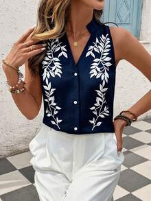 Balvessa Women's Tropical Plant Print Single-Breasted Fashionable Versatile Camisole - Navy Blue - View 6