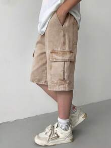 SHEIN Little Byeori 青少年男孩时尚休闲 Y2K 复古酷炫工装口袋设计宽松舒适的牛仔短裤，适合日常穿着，也适合春夏锐舞派对和海滩穿着。 - 卡其色 - 查看 7