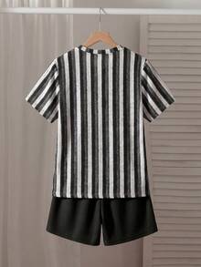 Setelan Kaos Lengan Pendek dan Celana Pendek Bergaris Saku Kasual Musim Panas untuk Anak Laki-Laki Remaja - Hitam - View 2