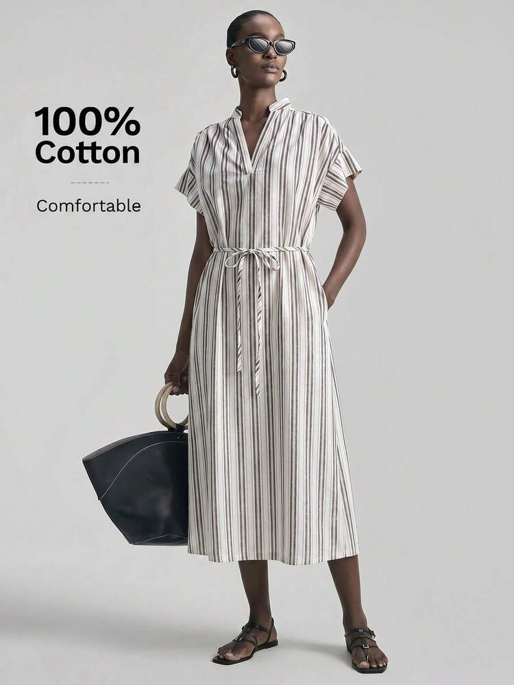 Women's Blue And White Striped Summer Casual Midi Dress,Effortless Chic Everyday Jacquard Fabric Relaxed Fit Stand Collar Short Sleeve Cruise Wear