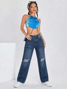 Jean Cut Mom Petite High Shot Straight Chest Light Bottom Closure - Azul Retro Fade - View 3