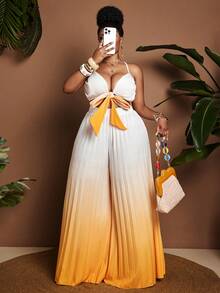 Maweii Women's Plus Size 2-Piece Gradient Pleated Outfit, White Ribbed Crop Cami Top With Bow Tie & Yellow Ombre Pleated Wide Leg Pants, Casual Summer Co-Ord Set For Vacation & Daily Wear - Yellow - View 4