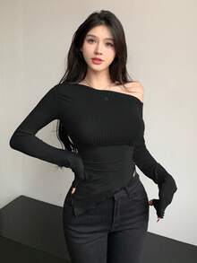 DAZY Women's Solid Color Asymmetrical Shoulder Ruched Slim Fit T-Shirt Long Sleeve Women Tops - Black - View 4