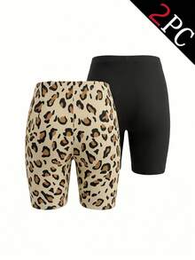 2 sets de leggings para niñas, incluye diseños versátiles de estampado de leopardo clásico y negro sólido, hechos de tela de punto de poliéster suave y amigable con la piel con caída suave y ajuste cómodo, silueta ajustada, lavable a máquina - Multicolor - Ver 2