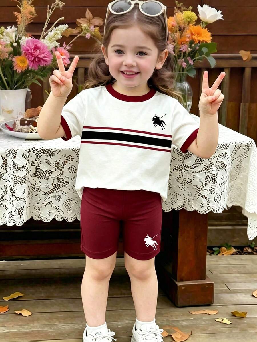 2件組女嬰白色夏季休閒度假套裝 小馬條紋圖案 寬鬆圓領短袖T恤 & 緊身單車短褲學院風套裝 - 彩色 - 查看 1