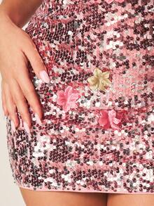 MISSGUIDED Đầm ngắn cổ yếm đính sequin với họa tiết hoa hồng và lưng khoét hở, thích hợp cho tiệc tùng, dạ hội, dạ tiệc, ôm sát cơ thể, lấp lánh, lễ hội mùa xuân hè. - Hồng - Xem 2