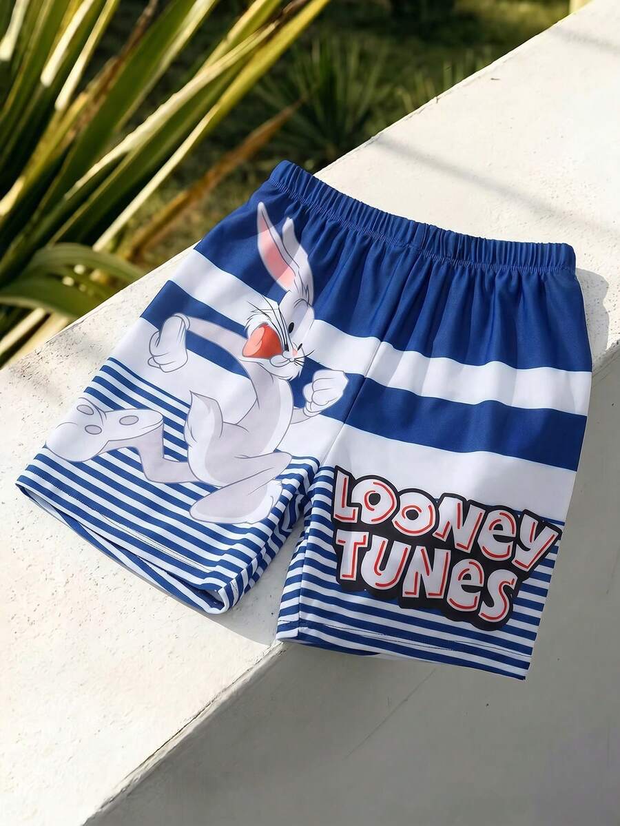 LOONEY TUNES X SHEIN 男童夏季休闲条纹字母兔子印花松紧腰泳衣 - 藍色 - 查看 1
