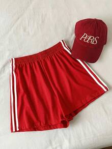 Comfortcana Celana Pendek Kasual Bergaris Samping dengan Pinggang Elastis Ukuran Besar, Merah - Merah - View 6