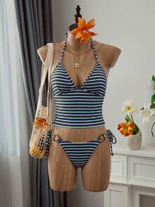 Swim Mod Women's Brown Striped Bikini Set,Halter Neck Tie Triangle Bottoms Two Pieces,Textured Lace Hollow-Out Fabric,Summer Casual Beach Holiday Vacation - Multicolor - View 5