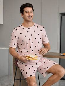 CoupledUp Polka Dot Print Short Sleeve & Shorts Men's Casual Pajama Set - Pink - View 7