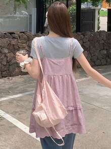 DAZY Camiseta de tirantes con volantes y decoración de botones para mujer - Rosa - Ver 8