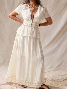 Nubod White,Summer,Boho,Tea Party,Holiday Plus Size Pleated Chiffon V-Neck Short Sleeve Cinched Waist Dress & Elastic Maxi Skirt,2-Piece Set With Shell Trim - Apricot - View 4