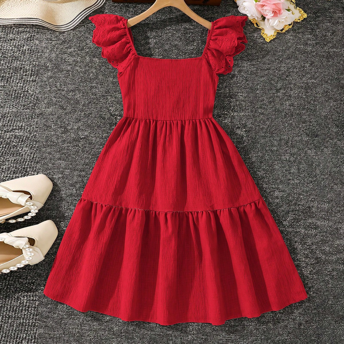 Vestido casual de niña preadolescente con cuello cuadrado tejido liso y volante en el bajo, vestido beige para niñas, vestido beige para niñas pequ