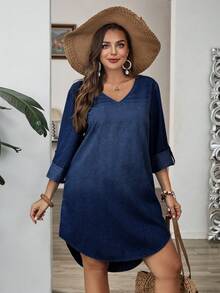 EMERY ROSE EMERY ROSE Vestido de mezclilla casual con cuello en V, mangas con volantes y bajo asimétrico para mujer de talla grande - Azul lavado oscuro - Ver 5