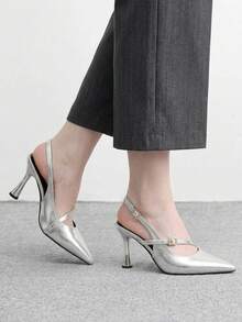 CUCCOO BIZCHIC Women Shoes Silver Metallic Back Strap Shoes, Rhinestone Buckle Decoration, Shining Dinner Party Dating Temperament Pointed Shoes - Silver - View 4