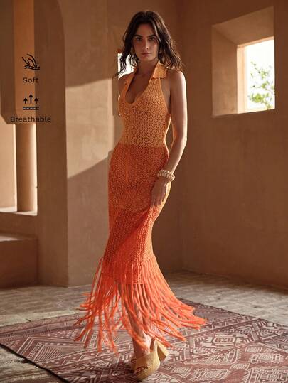 MOTF PREMIUM VESTIDO CUBRE ELEGANTE CON ESCOTE EN V, SIN ESPALDA, BLOQUE DE COLOR NARANJA A ROJO CON FLECOS, INFORMAL PARA PLAYA, FIESTA, VACACIONES