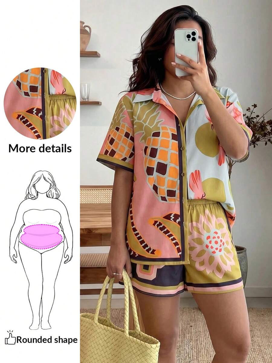 Enliva Jolene.Mendez Plus Size Women's Holiday Casual Tropical Bohemian Fruit & Plant Printed Asymmetrical Short Sleeve Shirt Top + Beach Shorts 2pcs Set, Holiday Outfits Boho, For Apple Rounded Body Shape, For Summer - Multicolor - View 1