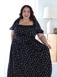 Pretty and Ole Plus Size Ditsy Floral Lantern Sleeve Ruffled A-Line Dress For Women Elegant Summer - Black - View 4