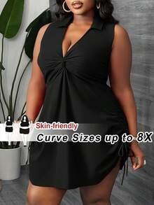 SHEIN CURVE+ Plus Size Women's Solid Color Knot Design Sleeveless Casual Dress - Multicolor - View 9