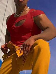 Manfinity Dauomo Áo tank top nam ôm sát, thiết kế bất đối xứng, khoét rỗng gợi cảm, thích hợp cho mùa hè. - Đỏ - Xem 4