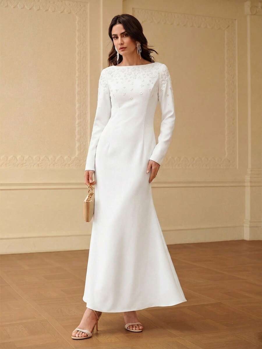 ZEYLAH Off-Shoulder Long Sleeve Beaded Fishtail Dress, Spring/Summer - White - View 1