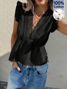 Serisse Blusa de verano holgada con cuello en V, mangas cortas y volantes en el bajo - Negro - Ver 5