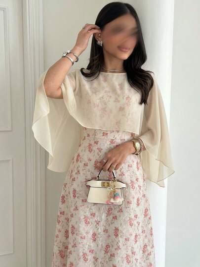 Yasmyna Đầm hai mảnh màu hồng nhạt dệt jacquard họa tiết hoa văn, không tay, xếp ly eo, dáng chữ A, chất liệu chiffon màu mơ, dành cho nữ, phong cách Ả Rập thanh lịch và lãng mạn.