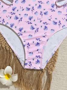SHEIN 黄色底蓝色碎花连体泳衣，适合青少年女孩，防晒，休闲海滩度假游泳 - 淺粉色 - 查看 6