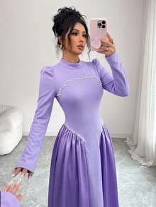 Modelyn 优雅酒红色长款串珠连衣裙，适合女士冬季外出穿着 - 紫色 - 查看 3