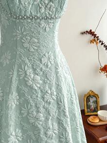Vintamour Đầm nữ cổ điển thanh lịch, đầm jacquard ôm dáng mùa xuân/hè, đầm đính ngọc trai, đầm hai dây, đầm xòe, màu trắng sữa. - Màu xanh Bạc hà - Xem 4