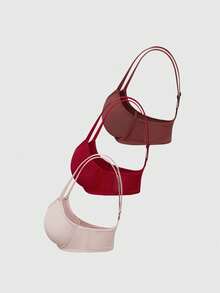 SHEIN 3pcs Comfortable Bras & Wireless Bras (Red + Beige + Reddish Brown) - Multicolor - View 8