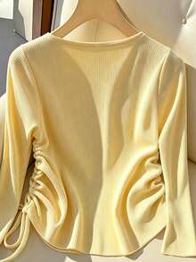 Franclia Áo khoác Cardigan nữ cạp chun nhún bèo tay dài tối giản lãng mạn màu vàng thu dành cho nữ - Màu vàng - Xem 2